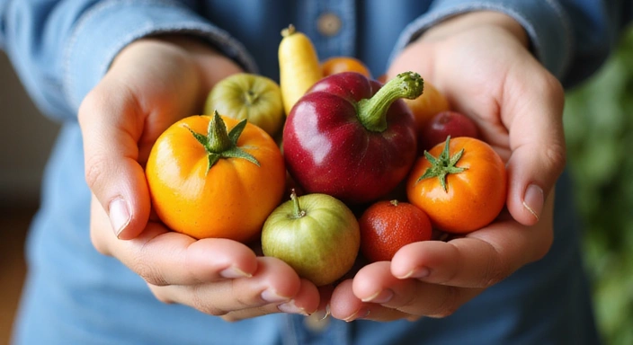 Manos sosteniendo una variedad de frutas y verduras frescas y coloridas