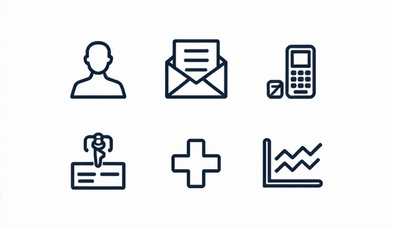 Ilustración de iconos que representan diferentes tipos de datos: nombre, email, teléfono, historial médico y gráficos de uso web.