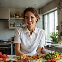 Mujer sonriente preparando una ensalada saludable