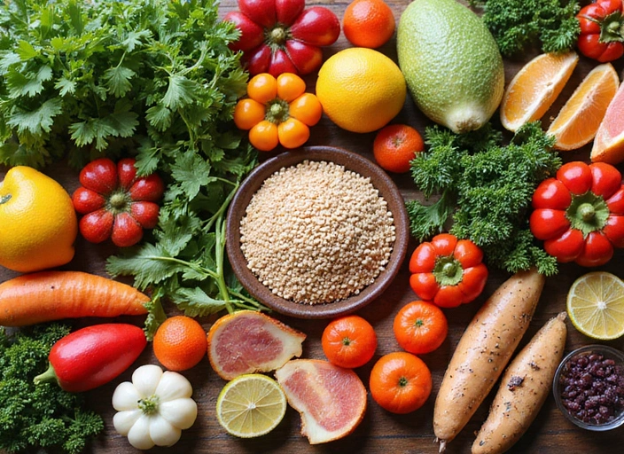 Mesa llena de alimentos frescos y saludables: frutas, verduras, granos y proteínas magras.