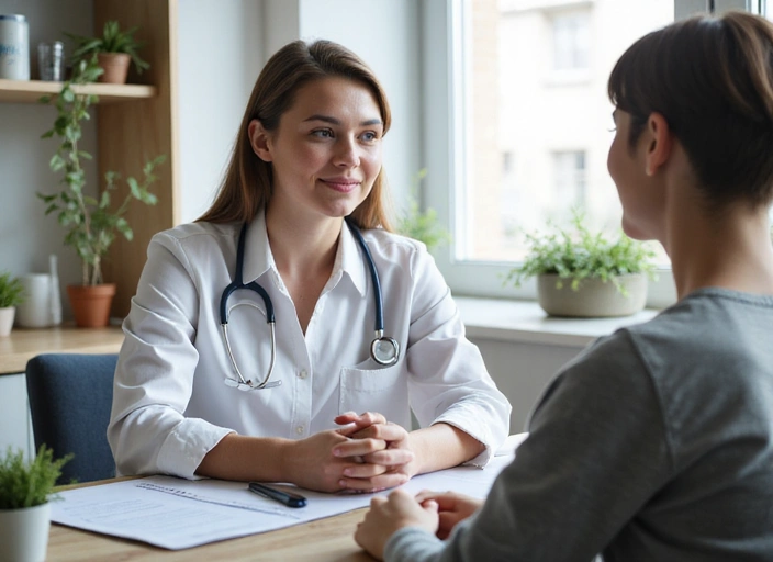 Nutricionista en consulta con un paciente, mostrando empatía y profesionalismo.