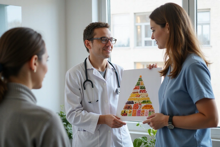Nutricionista explicando conceptos de alimentación saludable a un paciente.